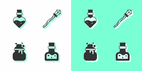 Canvas Print - Set Bottle with potion, Witch cauldron and Magic staff icon. Vector