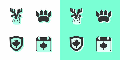 Sticker - Set Canada day with maple leaf, Deer head antlers, flag on shield and Bear paw footprint icon. Vector