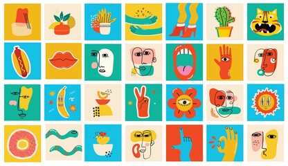  Big Set of Different colored Vector illustartion posters in Cartoon Flat design. Hand drawn Abstract shapes, funny Comic characters.
