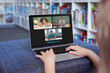 © vectorfusionart - Caucasian girl using laptop for video call, with smiling diverse elementary school pupils on screen