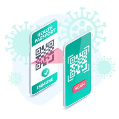 Smartphone Scan health passport QR code concept. 3d Mobile Phone Scanning bar code proof, Covid-19 Digital immunity passport QR verification isometric vector. Electronic vaccination certificate app