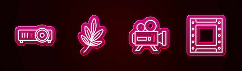 Sticker - Set line Movie, film, media projector, trophy, Retro cinema camera and Play video. Glowing neon icon. Vector