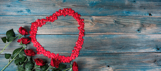 Sticker - Valentines day celebration with roses and large heart shape on faded blue wood