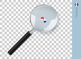 Paraguay map with flag in magnifying glass on transparent background.