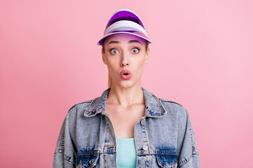 Sticker - Photo of crazy tail hairdo young active lady wear jeans shirt hat isolated on pink color background