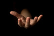 © FellowNeko - Hand gesture on a black background, palm up holding something, mockup and template for presentation concept photo
