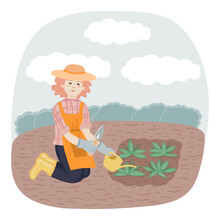 The Girl Is Engaged In Gardening Watering Plants In The Garden. The Girl Grows Plants In The Backyard In The Garden. Сountryside Lifestyle. Vector Character Illustration.