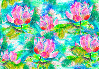 Seamless, Pink lotus, Lily on green, blue water. A bud with beautiful petals. Yoga, religion, Buddhism, esotericism, psychology. Chalk, wax chalk. Pencil graphics. Textural. To decorate your interior