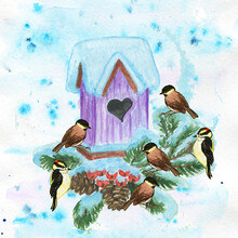 Watercolor Winter Composition.Gift Frame On A Snowy Background With Forest Birds On A Birdhouse, Decorated With Fir Branches With Cones, Branches With Red Berries.