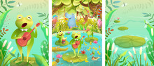 Frogs And Other Pond Animals Concert On The Lake. Frog Playing Guitar And Singing Song. Collection Of Swamp Animals And Nature Background, Fantasy Illustration For Children In Watercolor Style.