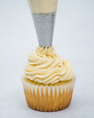 vanilla cupcake decorated with piping bag white vanilla cream 