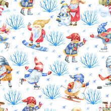 Seamless Pattern With Gnomes And Winter Activities Outdoor, Bushes And Snowflakes On White Background. They Are Snowboarding, Making Snowman And Playing Snowballs. Watercolor Hand Painted Illustration