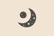 Mystical composition with a crescent moon, a luminous star on a light background. Vintage emblem. Design element for shop, market, packaging, labels and logo. Vector illustration.