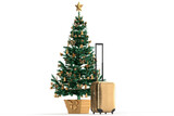 Fototapeta Panele - Festive Christmas tree and suitcase. Holiday vacations concept. Isolated over white. 3D Rendering