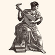 © migfoto - A young ancient Greek woman with a stringed musical instrument in her hands sits and plays. Medieval engraving.