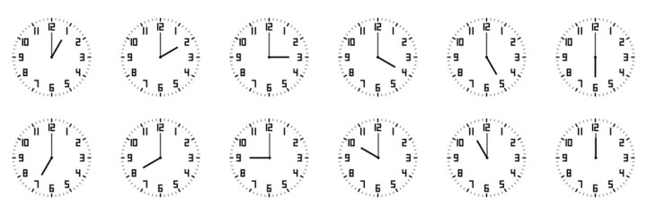 Wall Mural - horizontal set of analog clock icon with number notifying each hour isolated on white
