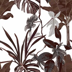 Wall Mural - Abstract foliage seamless pattern, various plant and tree in brown on white background.