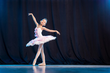 Wall Mural - little girl ballerina is dancing on stage in white tutu on pointe shoes classic variation.