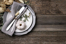 Festive Table Setting With Autumn Decor On Wooden Background, Flat Lay. Space For Text