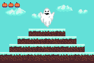 Retro video games, halloween arcade games ghosts, monsters, card background, old computer games.
vector illustration