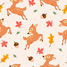 Autumn Deer Seamless Pattern Background Vector Illustration. Fall Leaves With Cute Deer