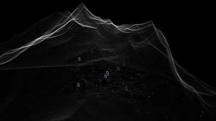 3d rendering to show Breakdown and mining of alkali metal lithium for the batteries or extraction of raw materials in general. 3d grid animation on black background.