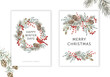 Christmas nature design greeting cards template, round wreath, text, white background. Green pine, fir twigs, cedar cones, red berries, cardinal bird. Vector xmas illustration. Winter forest