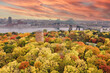 Spectacular aerial view of Montreal Jacque Cartier bridge with autumn leaves in background