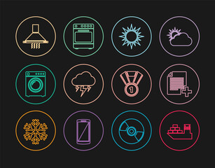 Sticker - Set line Cargo ship, Add new file, Sun, Storm, Washer, Kitchen extractor fan, Medal and Oven icon. Vector