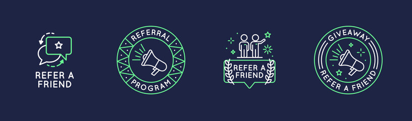 referral program icons set. refer a friend concept with speech bubbles. people, megaphone icons. lab