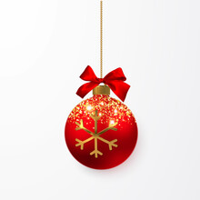 Red Shiny Glowing Christmas Ball With Red Bow. Xmas Glass Ball. Holiday Decoration Template. Vector Illustration