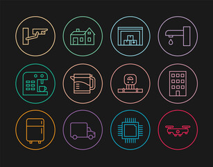 Poster - Set line Drone flying, House, Warehouse, Electric kettle, Coffee machine, Security camera, Smart sensor and icon. Vector