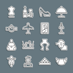 Sticker - Set line Croissant, Poodle dog, Street light, Woman shoe, Plane, Wrist watch, Mannequin and Portrait museum icon. Vector