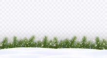Border With Green Fir Branches, Falling Snowflakes, Snowdrifts Isolated On Transparent Background. Pine, Xmas Evergreen Plants Seamless Banner. Vector Christmas Tree Garland And Snow Drifts Pattern
