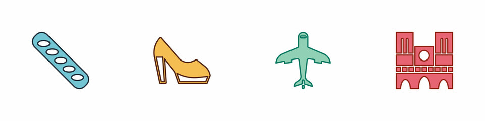 Sticker - Set French baguette bread, Woman shoe, Plane and Notre Dame icon. Vector