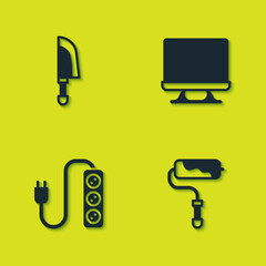 Sticker - Set Knife, Paint roller brush, Electric extension and Smart Tv icon. Vector