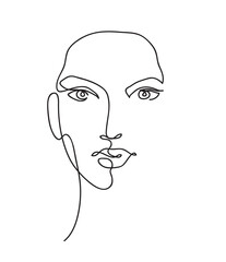 Wall Mural - Beautyfull girl face. Attractive young woman portrait female beauty concept. Continuous line drawing. Black and white vector illustration