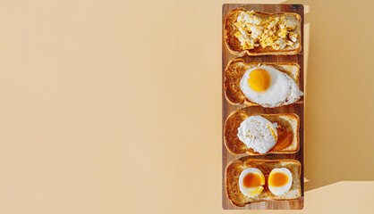 Wall Mural - fried Toast bread with four different types of cooked chicken eggs, scrambled eggs, fried eggs, poached egg and creamed egg. Breakfast of chicken eggs.