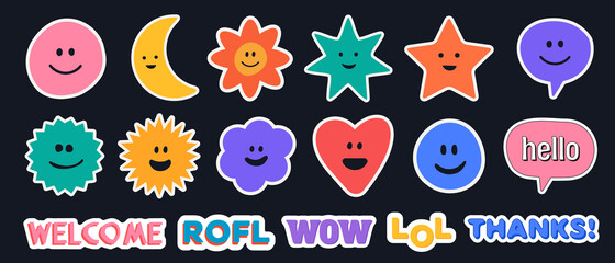 Aufkleber - Set of Various Stickers, Pins and Patches. Abstract funny cute emoticon faces collection. Cartoon Vector Illustration. Cool Trendy Phrases.