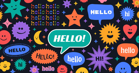 Poster - Cool Trendy Abstract Background with Stickers, Pins, Patches and Badges. Hello Banner Vector Illustration. Funny Comic Emoji Shapes. Cool Cute Faces.