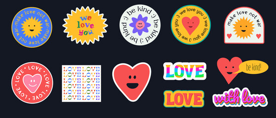 Aufkleber - Set of Cute Stickers, Pinks, Patches and Labels. Cool Trendy Abstract Funny Comic Faces. Love lettering.