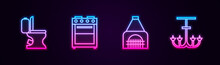 Set Line Toilet Bowl, Oven, Interior Fireplace And Chandelier. Glowing Neon Icon. Vector