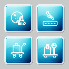 Sticker - Set line Modern pilot helmet, Plane landing, Trolley baggage and Scale with suitcase icon. Vector