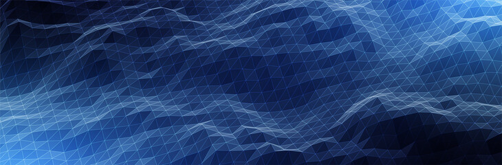 Wall Mural - Abstract Blue Background. Dark low poly triangle pattern. Virtual computer Landscape. Technology style. Sci-fi surface. Banner or presentation template. Vector illustration