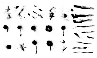 Fototapete - Graffiti stencil texture. Grunge and paint texture with spray effect. Isolated collection graffiti spray and  black splashes on white background. Vector paint shapes with smudges and drops. Vector