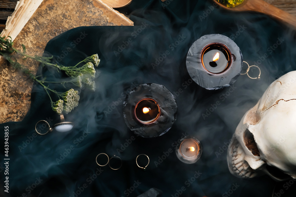 Ingredients for witch's ritual on table
