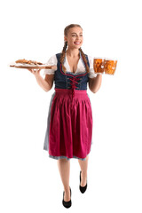 Young Octoberfest waitress with beer and food on white background