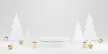 Christmas Interior Display Product With White And Gold Platform. Stand, Podium, Pedestal For Product Mockup. 3d Rendering Illustration