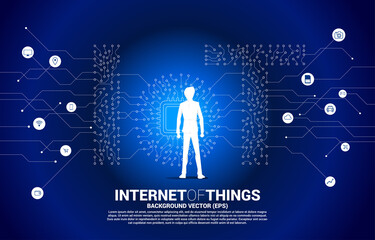 Poster - Silhouette of businessman standing with CPU processor on center of IoT wording from Circuit dot and line graphic style. Concept for internet of Things Technology.