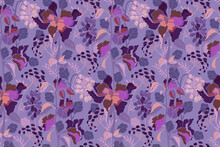 Vector Floral Seamless Pattern. Flowers, Herbs And Berries On A Purple Background. For Decorative Design Of Any Surfaces. Retro Style.